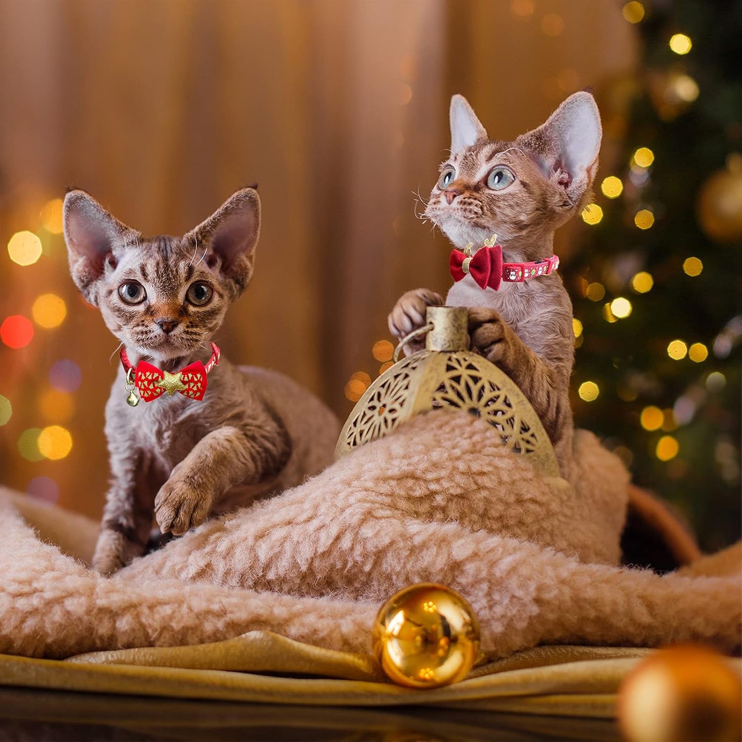 2 Pack Christmas Cat Collar with Bells Christmas Cat Bowtie with Christmas Tree and Santa Claus Pattern Xmas Breakaway Cat Collar Size Adjustable from 8"-12"