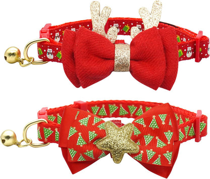 2 Pack Christmas Cat Collar with Bells Christmas Cat Bowtie with Christmas Tree and Santa Claus Pattern Xmas Breakaway Cat Collar Size Adjustable from 8"-12"