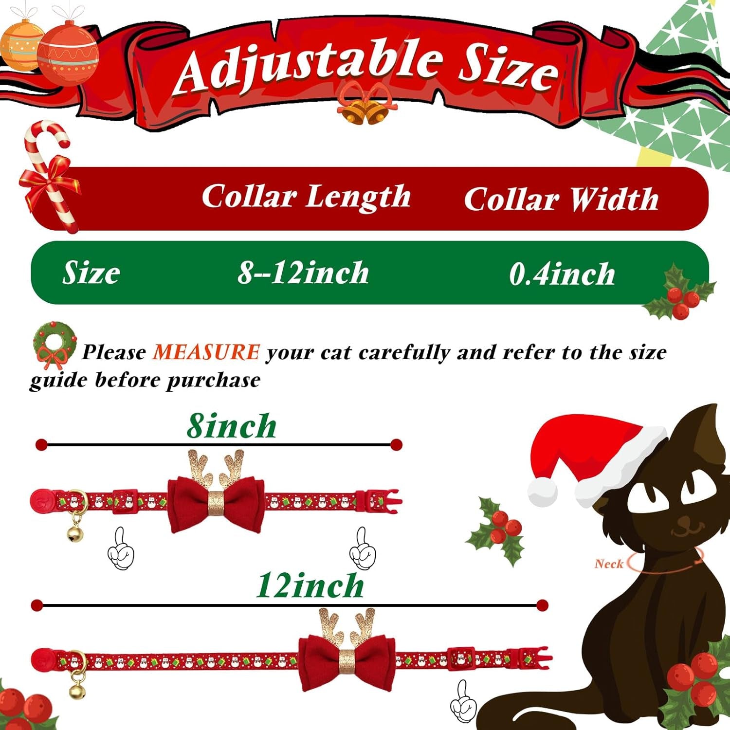 2 Pack Christmas Cat Collar with Bells Christmas Cat Bowtie with Christmas Tree and Santa Claus Pattern Xmas Breakaway Cat Collar Size Adjustable from 8"-12"